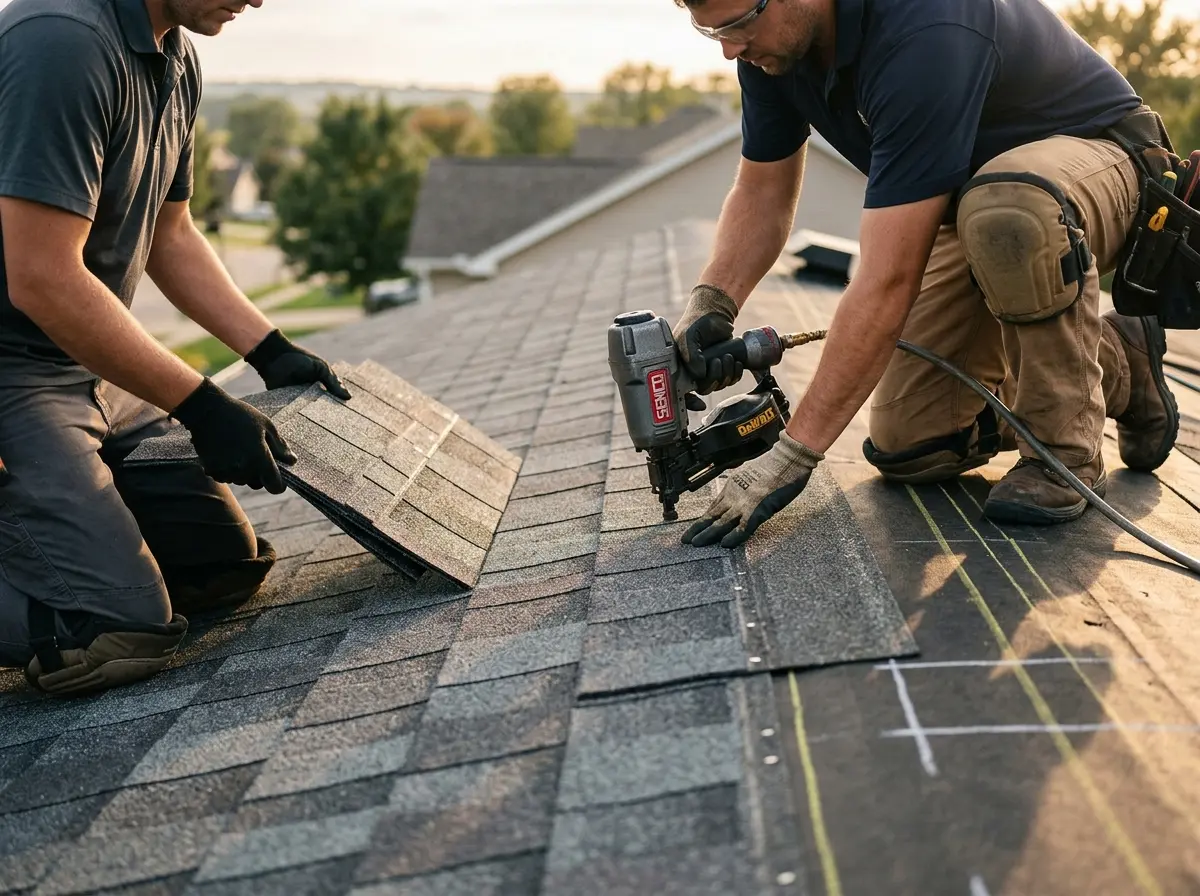 Professional roofer working on a residential roof in Montville